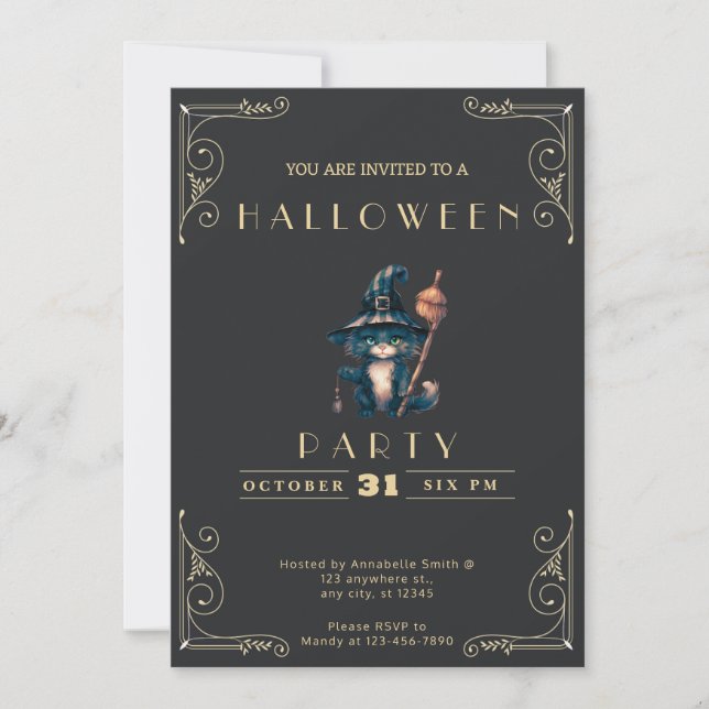Invitación Halloween de gatos negros y dorados (Anverso)