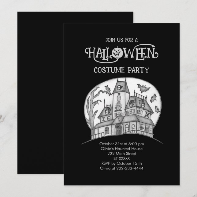 Invitación Halloween de Haunted House y Bats (Anverso / Reverso)