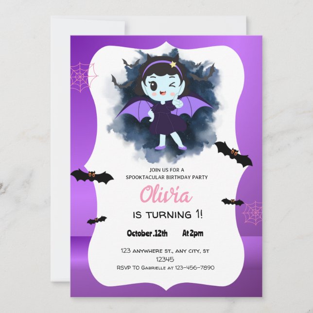 Invitación Halloween de la bruja púrpura (Anverso)