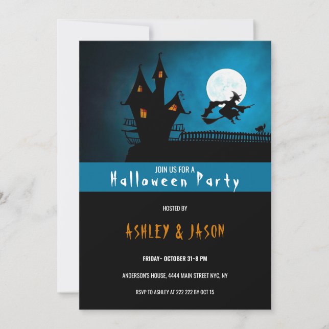 Invitación Halloween de la casa embrujada y bruja (Anverso)