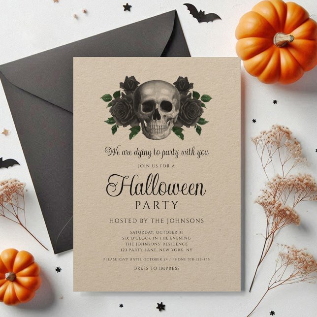 Invitación Halloween de la flor negra vintage (Vintage Black Floral Skull Halloween Invitation)