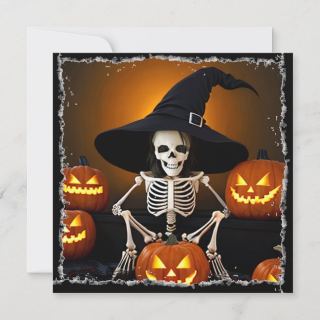 Invitación Halloween de la Gorra de la Bruja Skeleton y los F (Anverso)