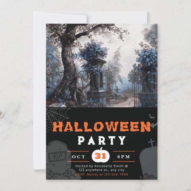Invitación Halloween de las flores azules de cementerio (Anverso)