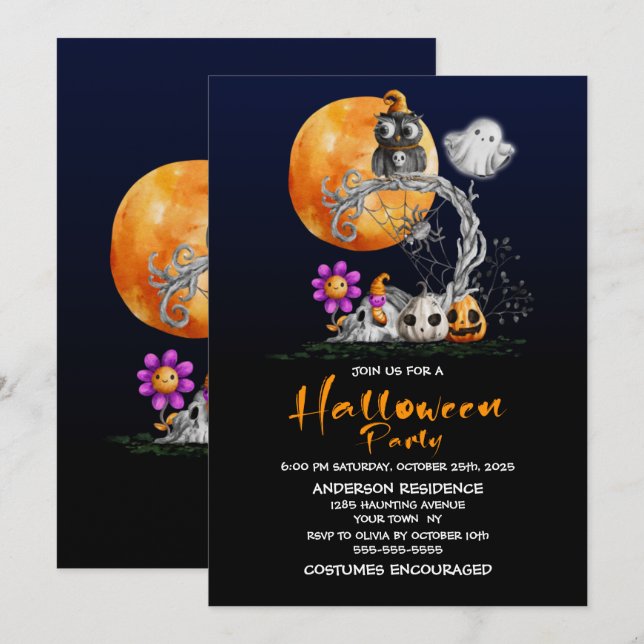 Invitación Halloween de Lechuza Luna Llena (Anverso / Reverso)