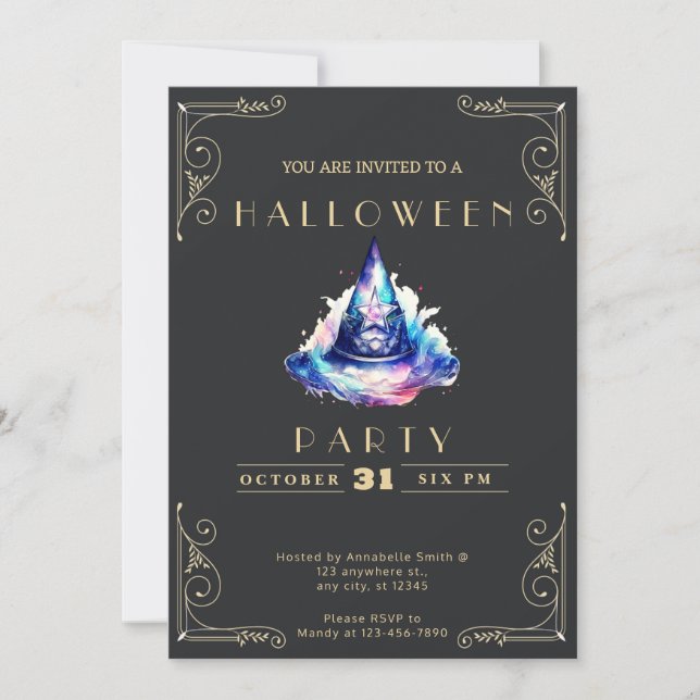 Invitación Halloween de los calderos Black & Gold Blue (Anverso)