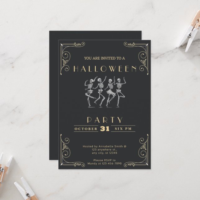 Invitación Halloween de los esqueletos de Plata Negra y Oro d (Anverso/Reverso In Situ)