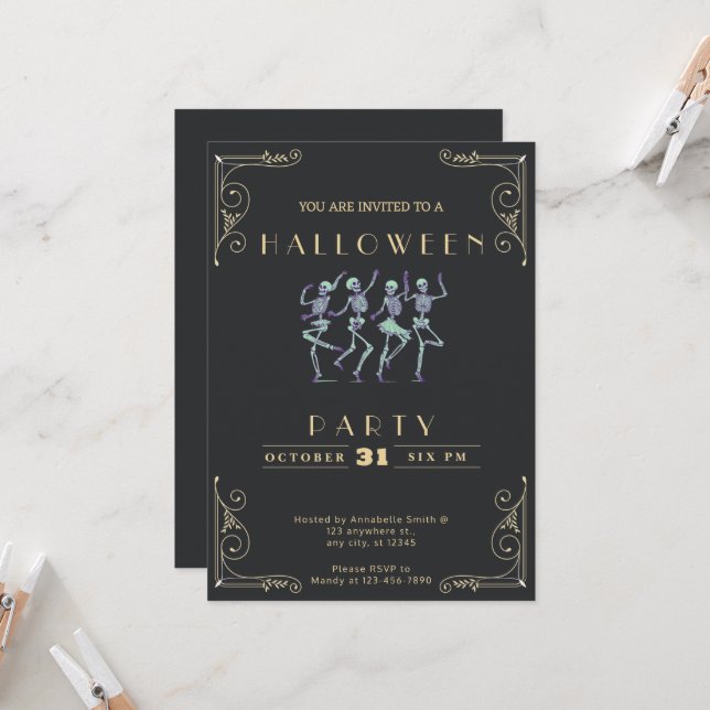 Invitación Halloween de los esqueletos verdes de oro y negro  (Anverso/Reverso In Situ)