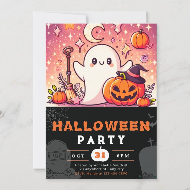 Invitación Halloween de los fantasmas naranja y morado (Anverso)