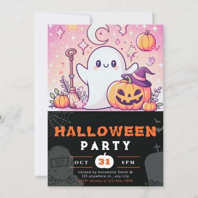 Invitación Halloween de los fantasmas naranjas y rosas (Anverso)