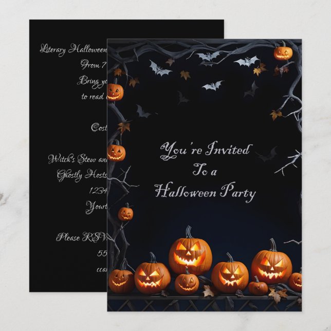 Invitación Halloween de los murciélagos y los calabazas (Anverso / Reverso)