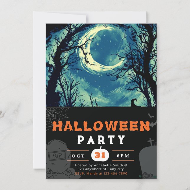 Invitación Halloween de luna de luna de cielo nocturno espelu (Anverso)