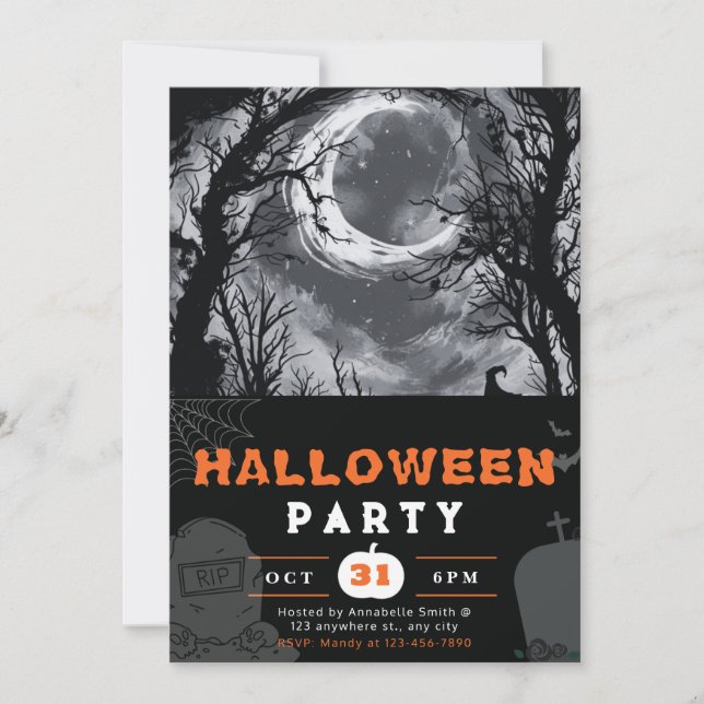 Invitación Halloween de luna de luna de cielo nocturno espelu (Anverso)