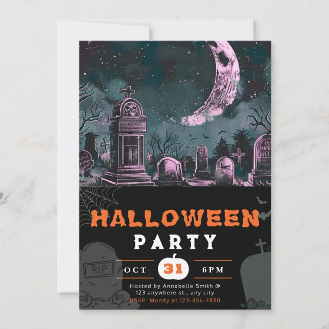 Invitación Halloween de luna de luna de cielo nocturno espelu (Anverso)