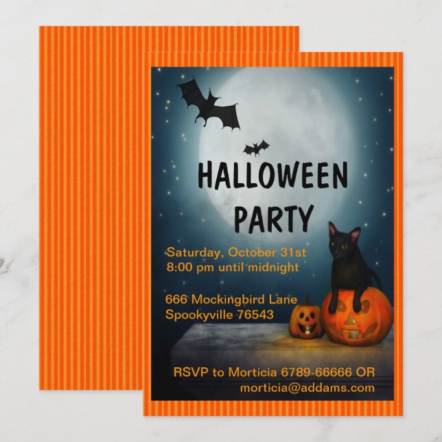Invitación Halloween de Luna, Gatos y Calabaza (Anverso / Reverso)