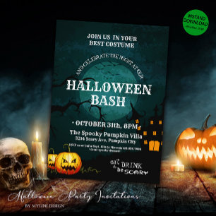 Invitación Halloween de luna llena de fantasía de calabazas d