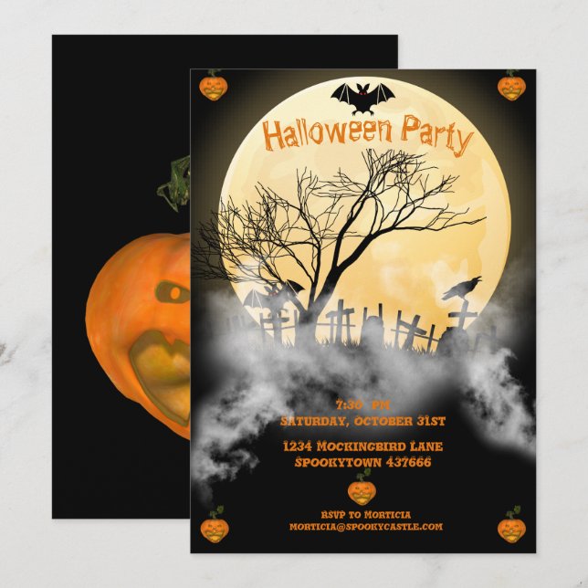 Invitación Halloween de luna llena y cementerio perezoso (Anverso / Reverso)