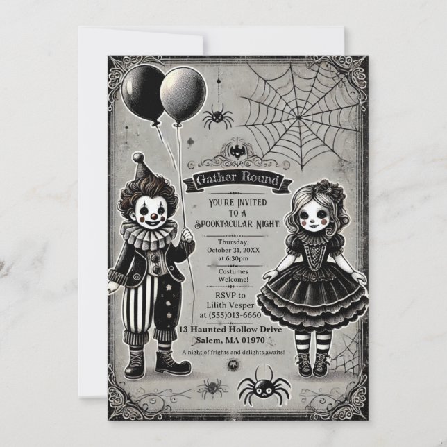 Invitación Halloween de payasos y muñecas espeluznantes (Anverso)