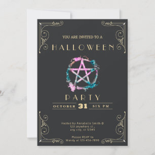 Invitación Halloween de Pentagram Negro y Oro de Chalkboard