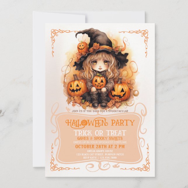 Invitación Halloween de pequeñas brujas y calabazas (Anverso)