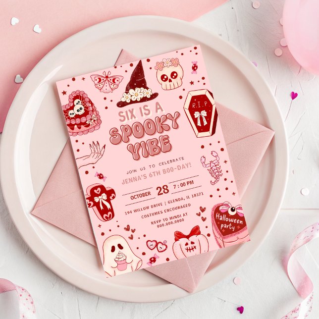Invitación Halloween de Retro Rosa y Rojo (Pink and Red Retro Halloween 6th Birthday Invitation - Six is a Vibe)