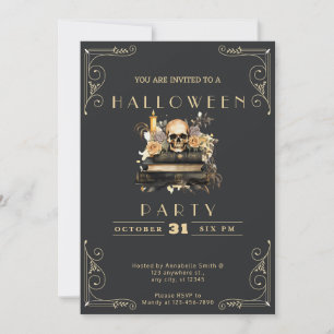 Invitación Halloween de Rosas de cráneo negro y oro de Chalkb
