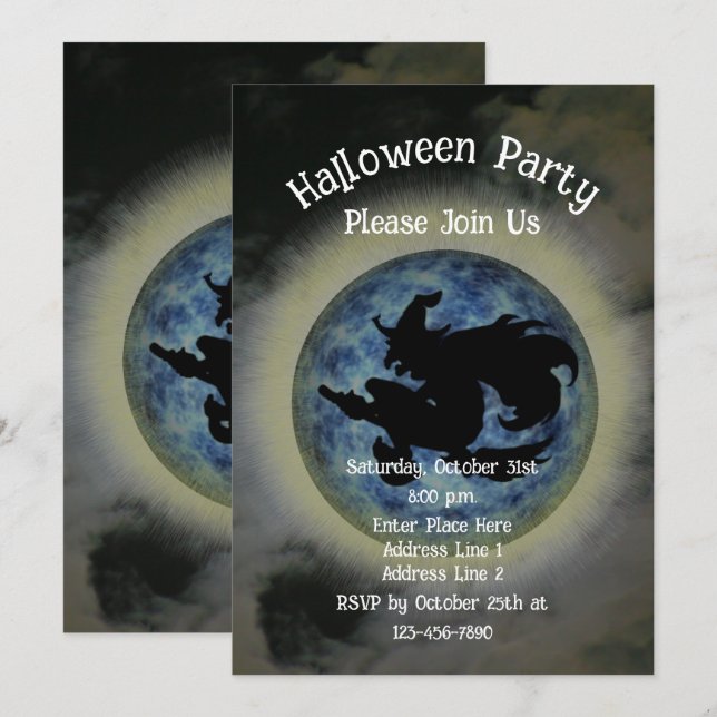 Invitación Halloween de Witch Riding Broomstick (Anverso / Reverso)