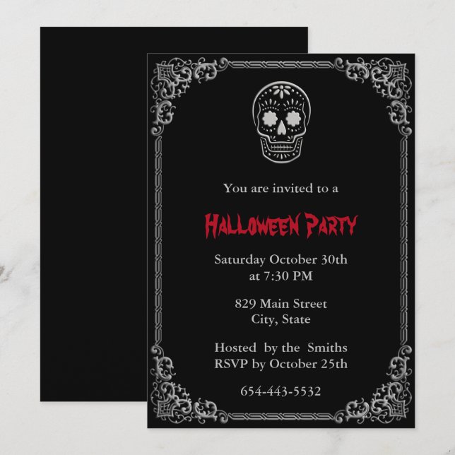 Invitación Halloween Del Día Plateado De La Calavera Del Azúc (Anverso / Reverso)
