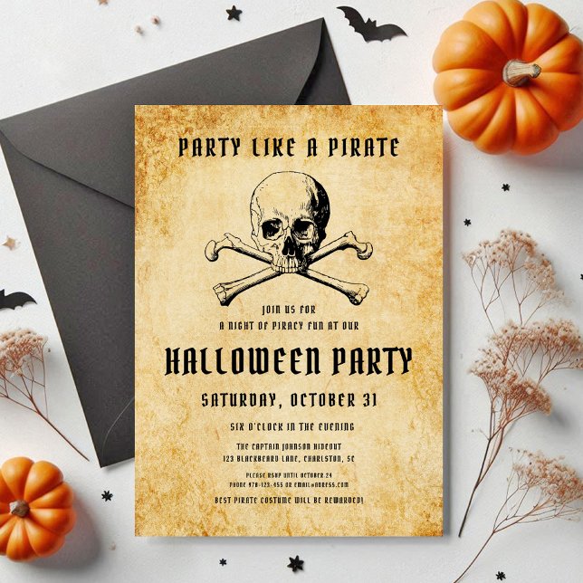 Invitación Halloween del Fiesta pirata vintage Skull & Bones (Vintage Pirate Party Skull & Bones Halloween Invitation)
