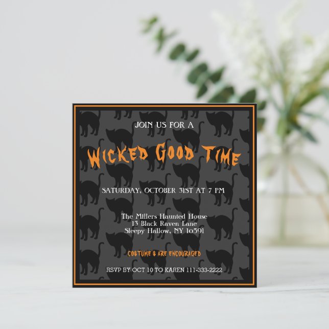 Invitación Halloween del gato negro (Anverso de pie)