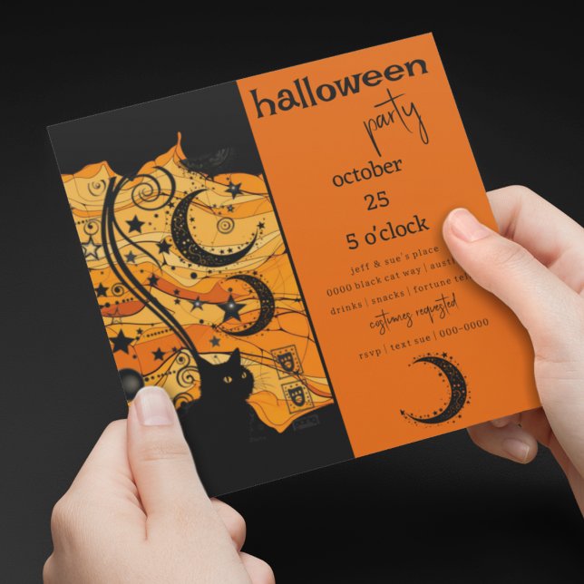 Invitación Halloween del gato negro místico y los símbolos ce (Mystical black hat and celestial symbols on customizable Halloween Party Invitations )