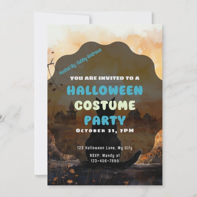 Invitación Halloween del otoño de Black Cat Setting Sun (Anverso)