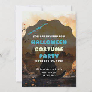 Invitación Halloween del otoño de Black Cat Setting Sun