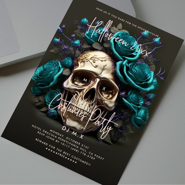 Invitación Halloween disfraces Fiesta Skull azul Verde azulad (Halloween Costume Party Skull Teal Blue Modern Invitation
)