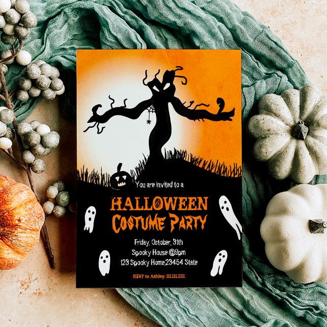 Invitación Halloween Disstume Fiesta espeluznante árbol ghost (Halloween Costume Party spooky tree ghosts pumpkin Invitation)