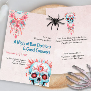 Invitación Halloween divertido con el cráneo de azúcar azul r