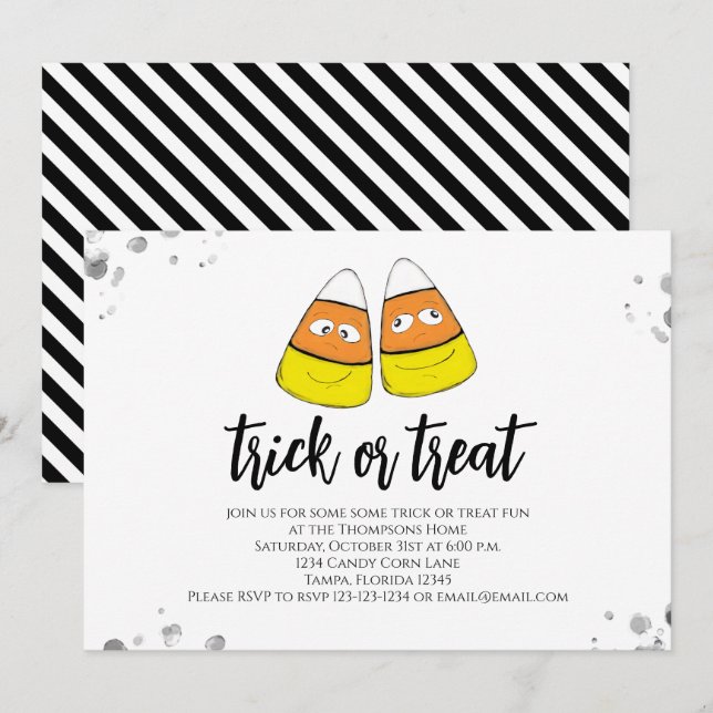 Invitación Halloween Divertido Trick O Trato De Candy Corn (Anverso / Reverso)