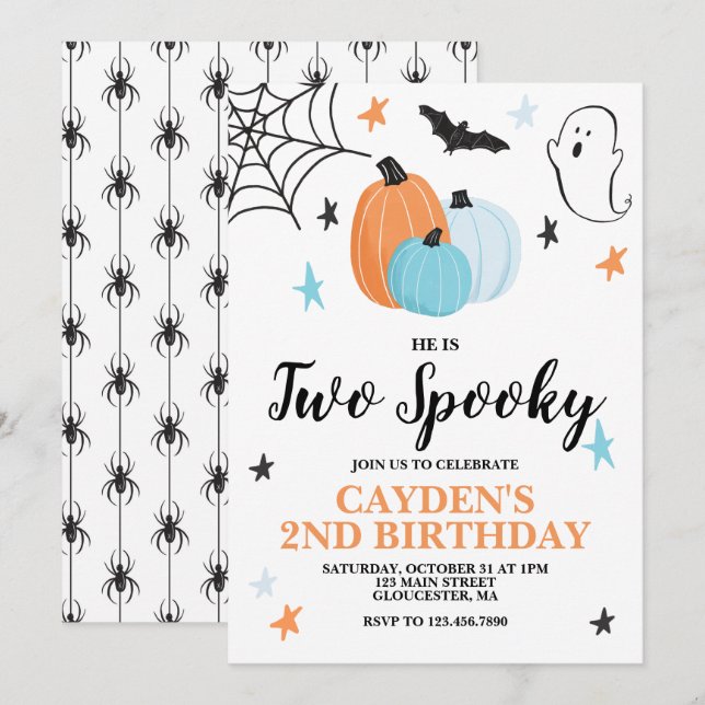 Invitación Halloween DOS Espeluznantes Calabazas Azules de cu (Anverso / Reverso)