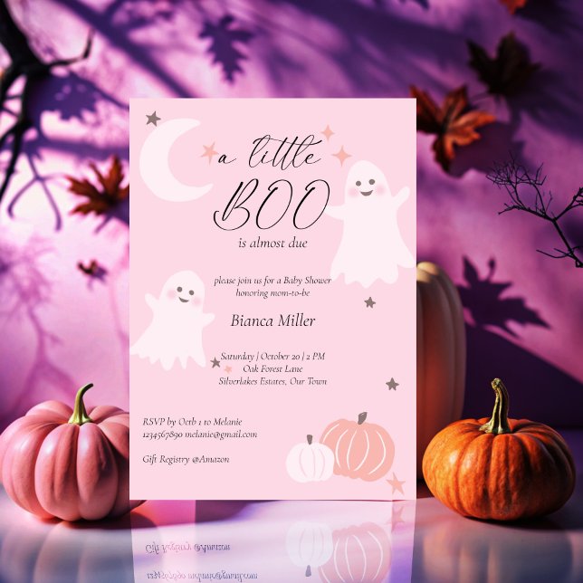 Invitación Halloween ducha de bebé suave rosa lindo fantasma (Little boo Halloween baby shower soft pink cute baby ghost invitation template instant download)