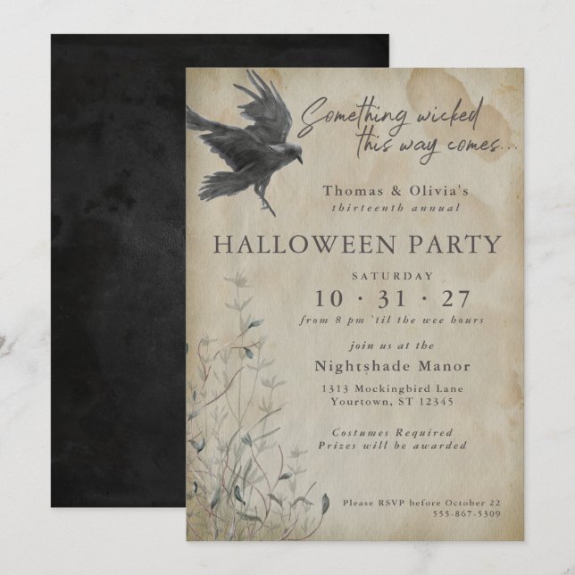 Invitación Halloween | Eerie Gothic Watercolor Raven (Anverso / Reverso)