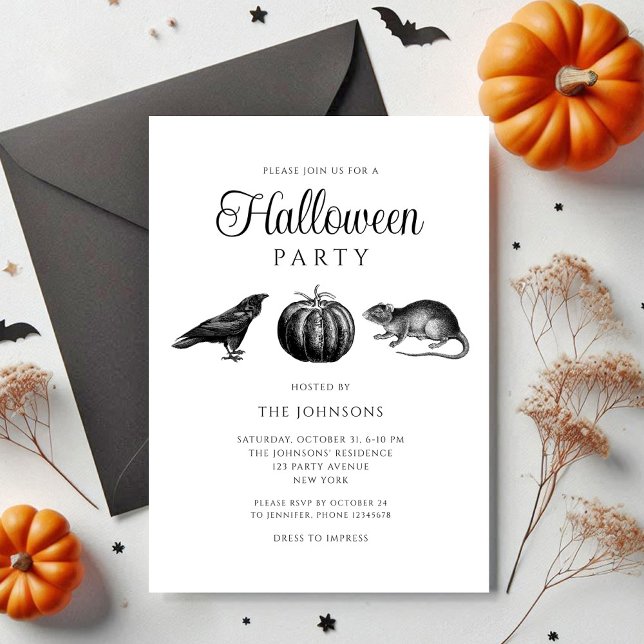 Invitación Halloween elegante de calabaza negra gótica (Elegant Gothic Black Pumpkin Halloween Invitation)