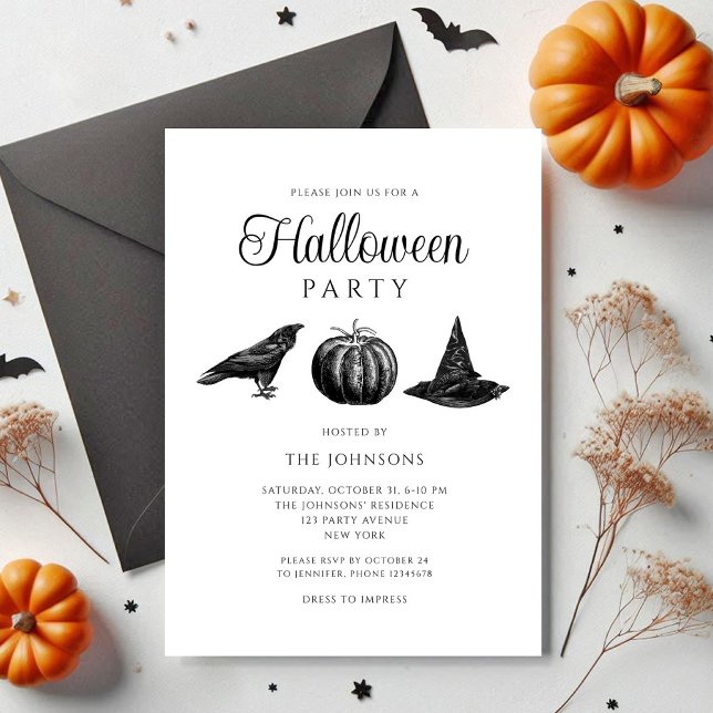 Invitación Halloween elegante de calabaza negra gótica (Elegant Gothic Black Pumpkin Halloween Invitation)