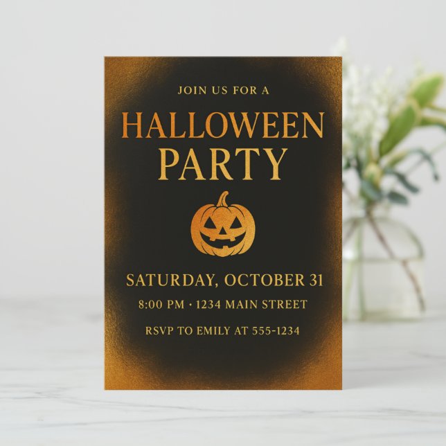 Invitación Halloween elegante de lujo negro y dorado (Anverso de pie)
