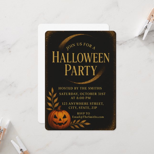 Invitación Halloween elegante de lujo negro y dorado (Anverso/Reverso In Situ)