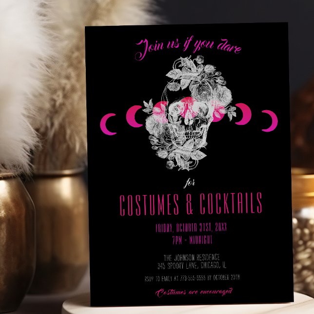 Invitación Halloween elegante gótico negro y cráneo rosado pa (Subido por el creador)