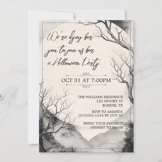 Invitación Halloween elegante monocromo para adultos (Anverso)