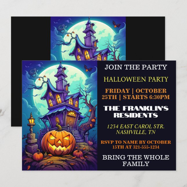 Invitación Halloween en casa llena de fantasía (Anverso / Reverso)