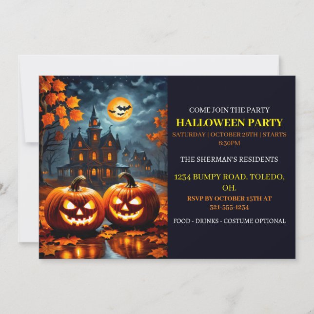 Invitación Halloween en casa llena de fantasía (Anverso)
