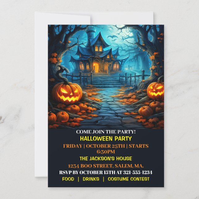 Invitación Halloween en casa llena de fantasía (Anverso)