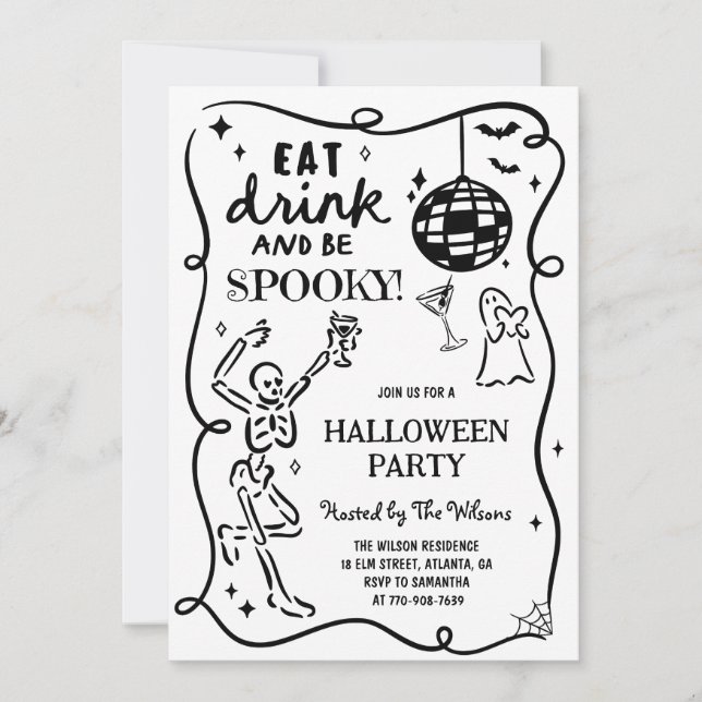Invitación Halloween en el Skeleton de mano dibujada (Anverso)