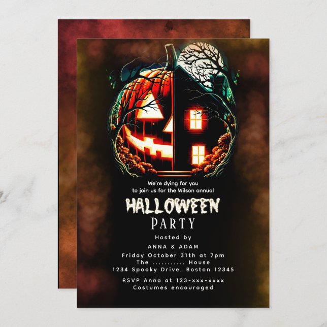 Invitación Halloween en la casa de calabaza de Haundi (Anverso / Reverso)